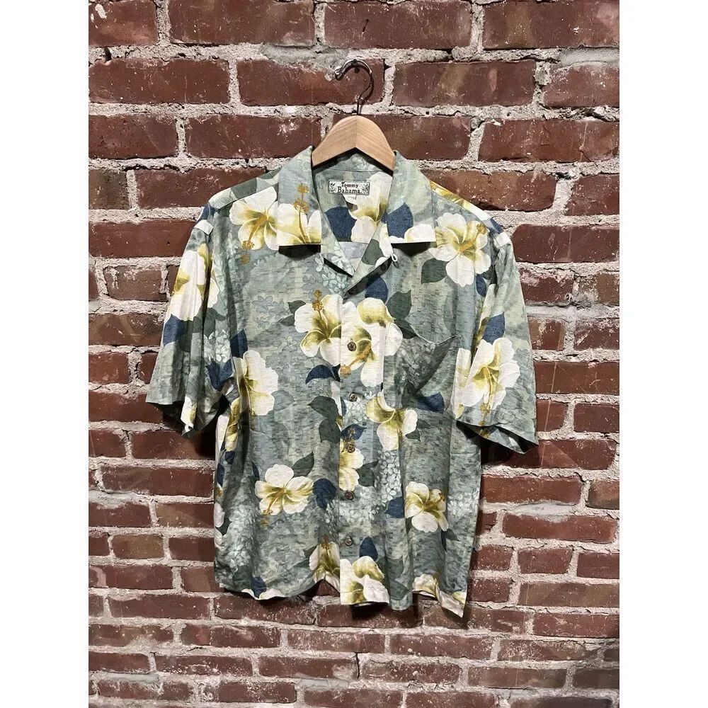 Tommy Bahama Mens Green Short Sleeve Floral Pattern Silk Button Up Medium